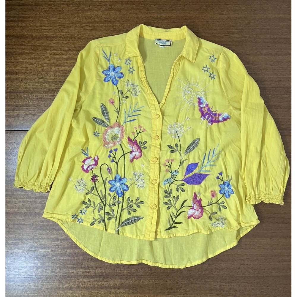 Johnny Was Workshop Yellow Cotton Embroidered Floral Sun Butterfly Shirt Small - Picture 3 of 16